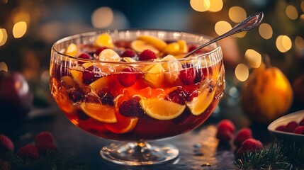 Fototapeta premium Festive and Vibrant Fruit Punch Served in a Large Glass Bowl with a Ladle Arranged on a Table with Open Space for Copy or Branding Perfect for Summer Parties Holidays and Other