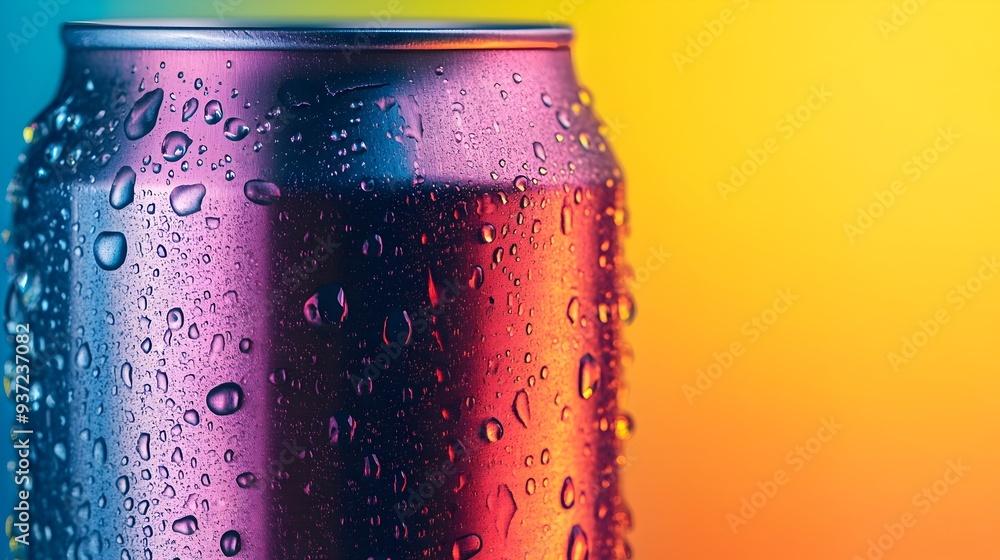 Poster condensation covered soda can on bright background inviting refreshment and quenching thirst in summ