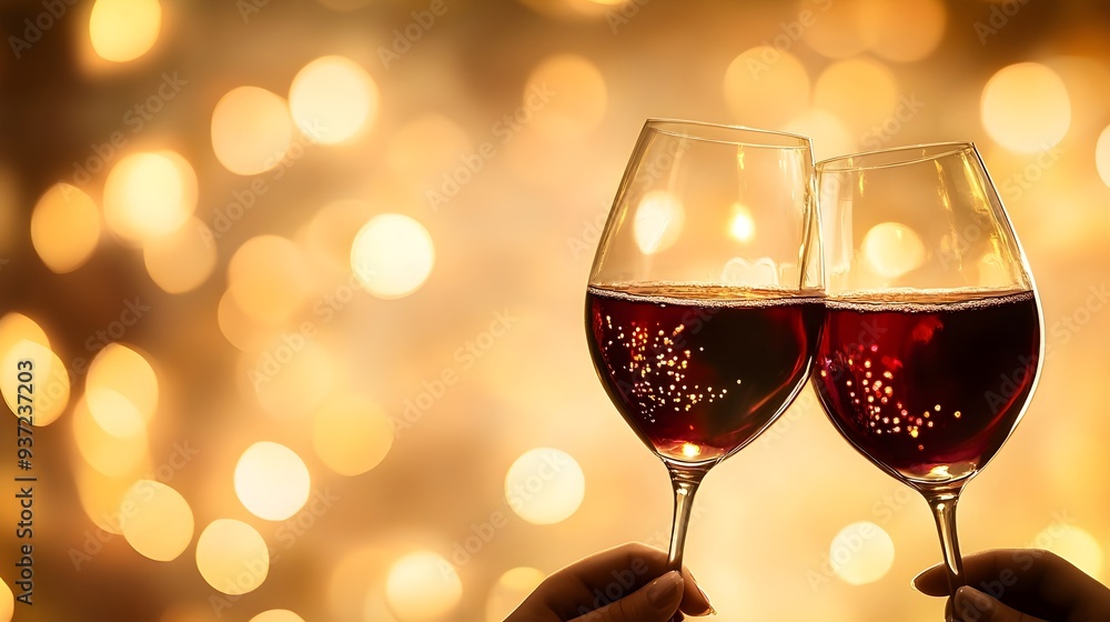 Poster crystal wine glasses clinking together in a celebratory toast against a blurred background creating 