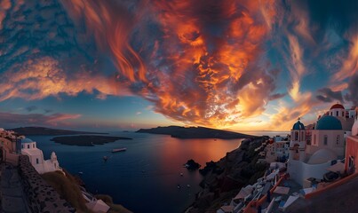Beautiful view of Churches in Oia village, Santorini island in Greece at sunset, with dramatic sky. 