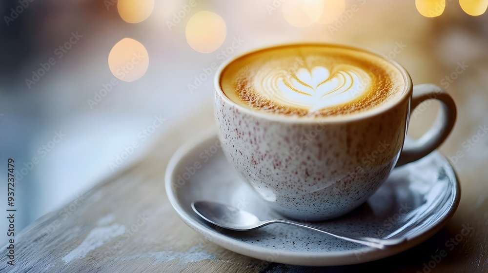 Poster and warm cappuccino with latte art patterns served in a ceramic cup placed on a saucer with a spoon 