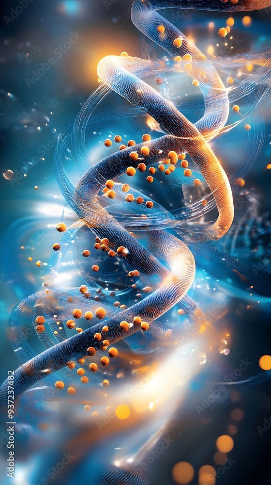 Poster abstract dna structure with glowing particles.