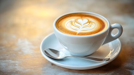 Fototapeta premium Cappuccino with Delicate Latte Art Design in a Ceramic Cup Placed on a Saucer with a Spoon Warm and Cozy Cafe Beverage Scene with Blurred Background