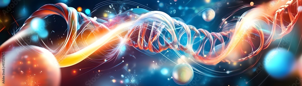 Poster abstract dna helix with glowing light and particles.