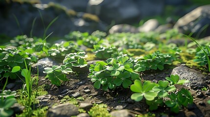 A lush patch of clover plants growing among rocks and grass in a natural setting.