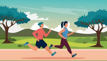 Obraz premium Man and woman run in park. Illustration of couple runners jogging together. Vector flat land