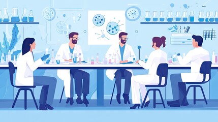 A biotech lab meeting where industry professionals discuss the impact of pandemic guidelines on research.