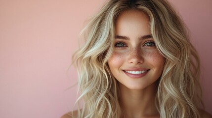 Naklejka premium Hair Care Banner: Smiling Young Blonde Woman with Groomed Hair for Salon and Product Promotion, Generative AI