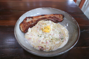 Pasta carbonara or Spaghetti with ham ,bacon and mushroom
