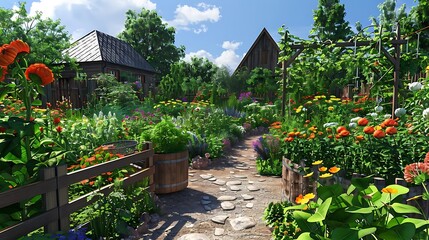 A vibrant garden pathway surrounded by colorful flowers and greenery, inviting exploration and tranquility.