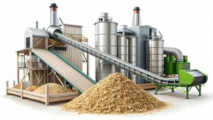 Photo Realistic as Biomass energy and factory conveyor concept as Biomass energy paired with a factory conveyor representing renewable energy sources in manufacturing processes ideal for isolated vect