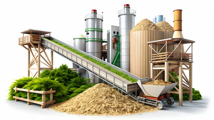 Photo Realistic as Biomass energy and factory conveyor concept as Biomass energy paired with a factory conveyor representing renewable energy sources in manufacturing processes ideal for isolated vect