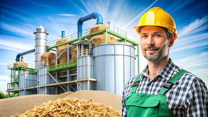 Photo Realistic as Biomass plant and factory worker concept as A biomass plant paired with a factory worker representing the integration of renewable energy sources in manufacturing labor perfect for 