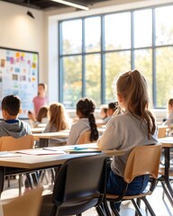 Elementary School Children Listening Attentively in a Bright Classroom During Lesson