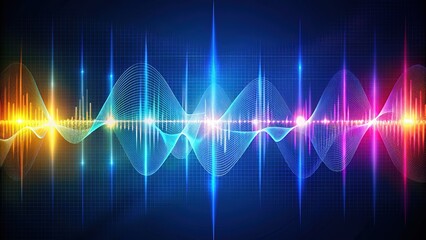  Colorful waveform patterns and oscillating digital signals on a dark blue background, representing advanced audio and data processing concepts in modern technology.
