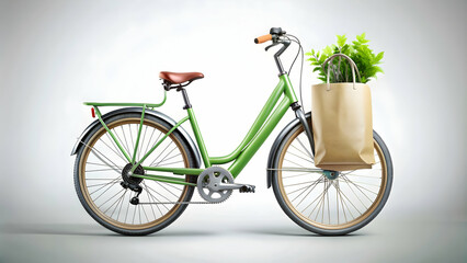 Photo Realistic as Electric bike and reusable shopping bag concept as An electric bike paired with a reusable shopping bag representing eco friendly transport and sustainable shopping habits perfect f