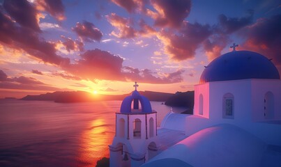 Beautiful view of Churches in Oia village, Santorini island in Greece at sunset, with dramatic sky. 