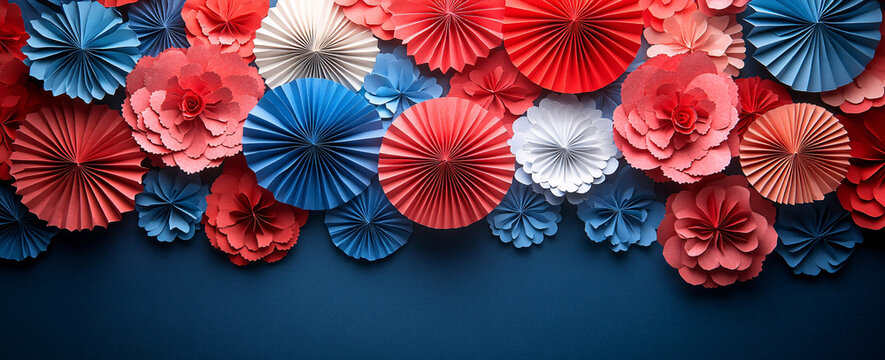 Patriotic themed paper fans in red, white, and blue colors for celebrations and events.