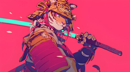 Cute tiger wearing Japanese samurai armor, cool poses, cute kawaii, simple, smiling happy. high quality, neon psychedelic background