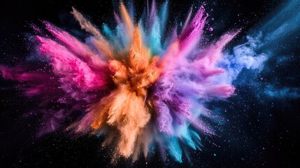 A powerful explosion of vibrant powder in various colors on a black backdrop, creating a dynamic contrast.
