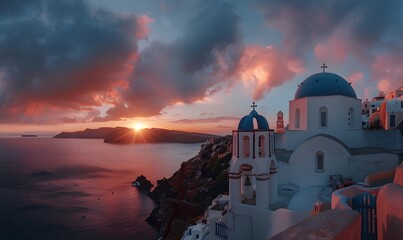 Beautiful view of Churches in Oia village, Santorini island in Greece at sunset, with dramatic sky. 