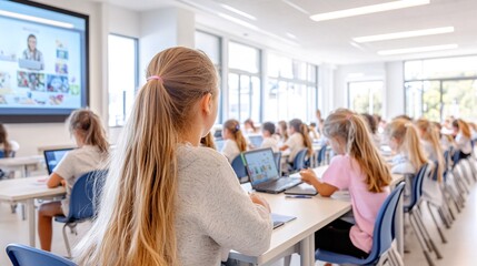 Obraz premium Diverse Group of Students Engaged in a Technology-Driven Classroom Learning Environment