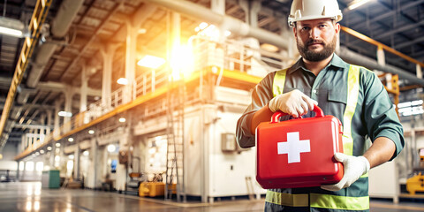 Obraz premium Photo Realistic as First aid kit and factory worker concept as A first aid kit paired with a factory worker symbolizing the preparedness for safety and health in manufacturing settings ideal for isola