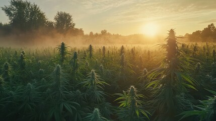A serene cannabis field at sunrise, enveloped in mist and natural beauty.