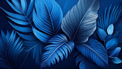 Collection of tropical leaves,foliage plant in blue color with space background