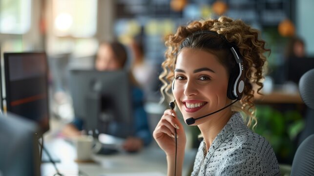 Call center, profile and woman with headset, support and communication in office with pride. Happy, female person and telemarketing agent for deal, consulting and smile for customer service at desk