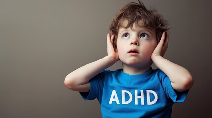Boy in Blue ADHD Shirt Covering Ears for Awareness and Support Themes