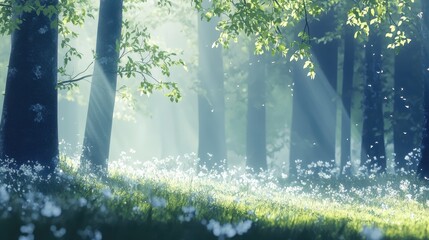 Fototapeta premium A serene forest scene with sunlight filtering through trees, illuminating a meadow of flowers.