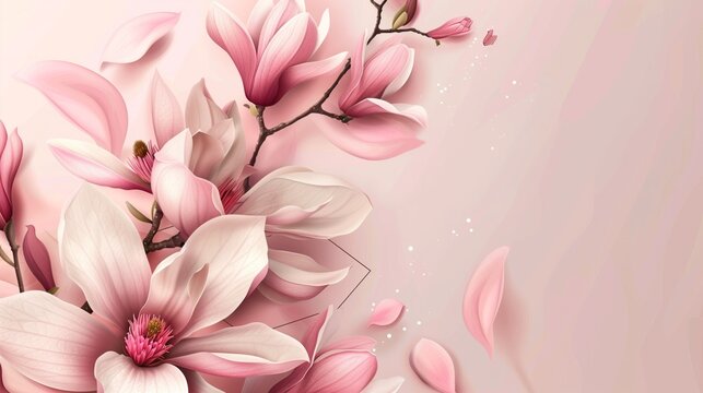 Gift certificate, Voucher template with realistic pink magnolia flower bouquet. Vector romantic floral background for wedding invite design, beautiful holiday invitation card, gathering or coupon