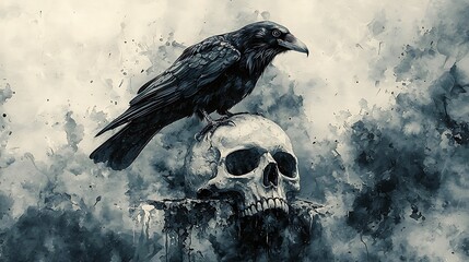 Fototapeta premium Watercolor painting of a raven perched on a skull, creating a dark, poetic scene that blends nature with symbolism in a gothic style.