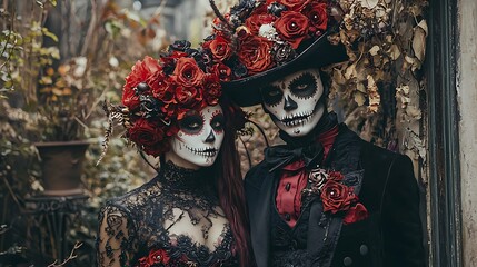 Couple in skull makeup with red roses for Day of the Dead, representing the beautiful and haunting traditions of this cultural celebration.