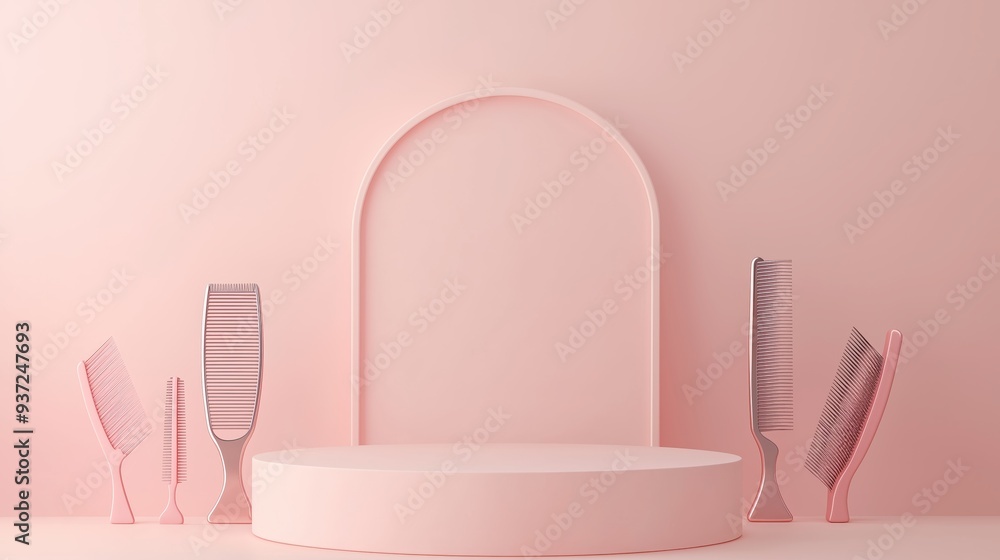 Poster a sleek 3d podium with ample empty space, surrounded by pet grooming scissors and combs, set against