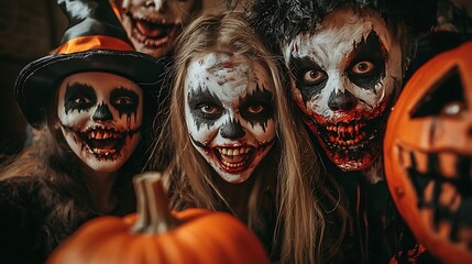 Scary Halloween costumes with pumpkins, highlighting the eerie and creative elements of Halloween festivities.