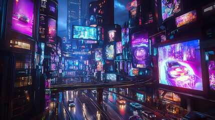 A futuristic sci-fi city with vibrant holographic advertisements and self-driving cars