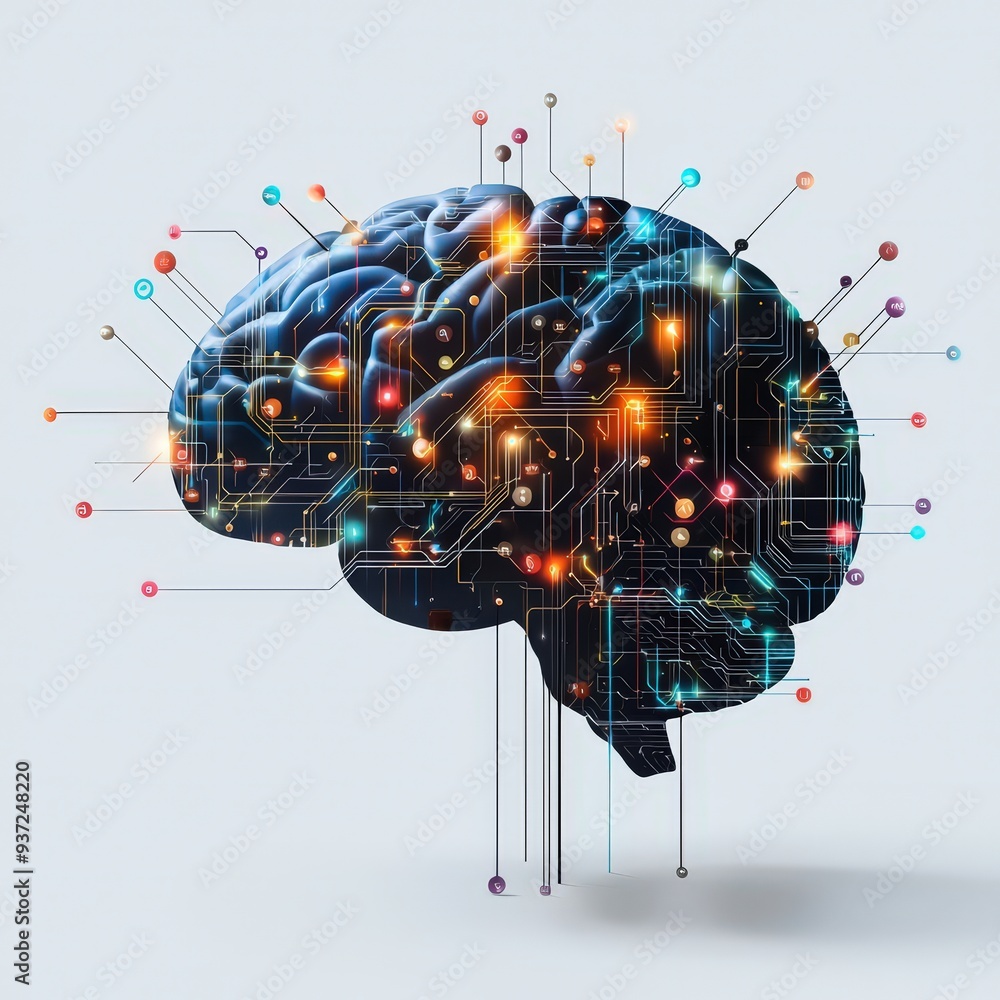 Poster innovative artistic poster featuring a stylized brain composed of circuit lines and bits of code