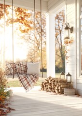 Cozy Autumn Porch with Swing, Plaid Blanket, Pillows, and Warm Atmosphere