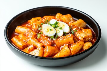 Fototapeta premium Tteokbokki, Stir-fried rice cakes in a spicy and sweet gochujang sauce, often mixed with fish cakes and boiled eggs. isolated on white background