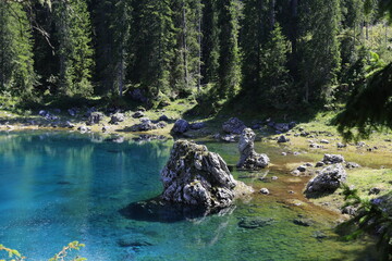 A beautiful, serene lake featuring crystal clear waters, nestled perfectly within a vibrant green forest landscape. Carezza lake in the Dolomites