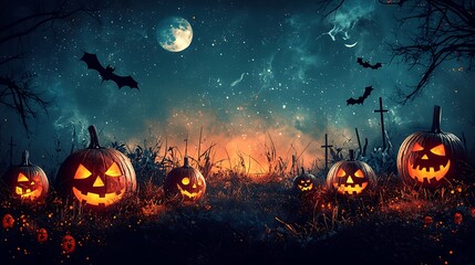 Halloween Jack O' Lanterns in a spooky forest at night, creating a classic and chilling Halloween scene with glowing pumpkins and dark woods.