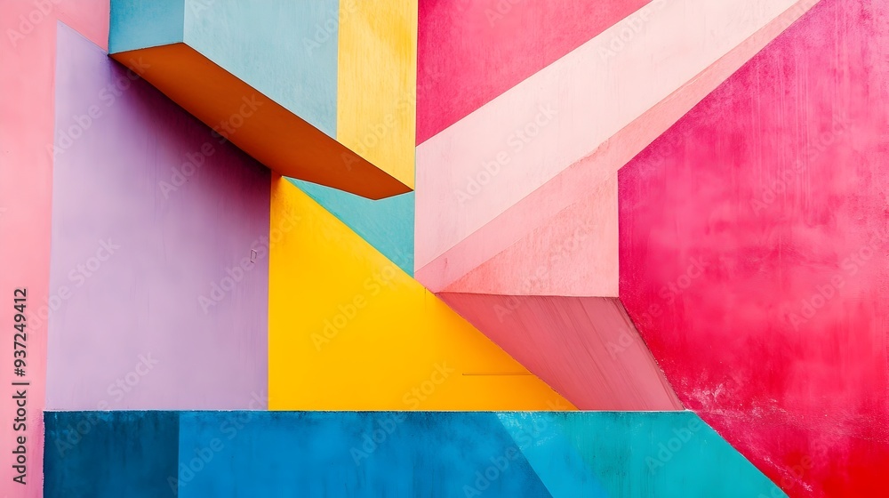 Poster vibrant abstract geometric shapes in striking composition with ample copyspace for overlaying text o