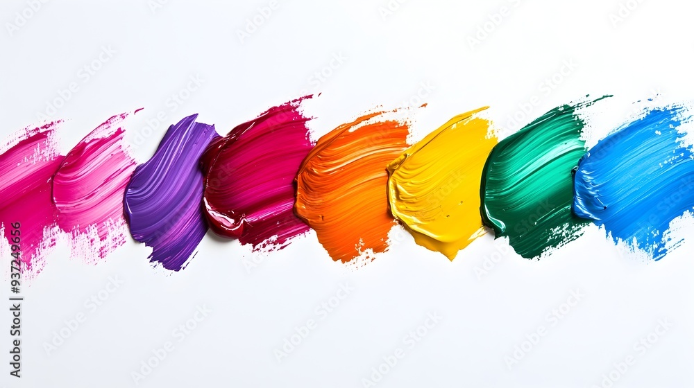 Poster visually captivating abstract painting with colorful expressive brushstrokes on a clean white backgr
