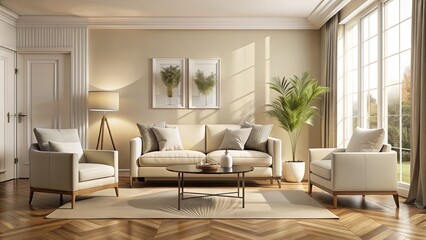 Fototapeta premium Elegant, cream-colored sofa and armchair amidst beige walls, wood flooring, and natural light, creating a serene and inviting atmosphere in a modern living space.