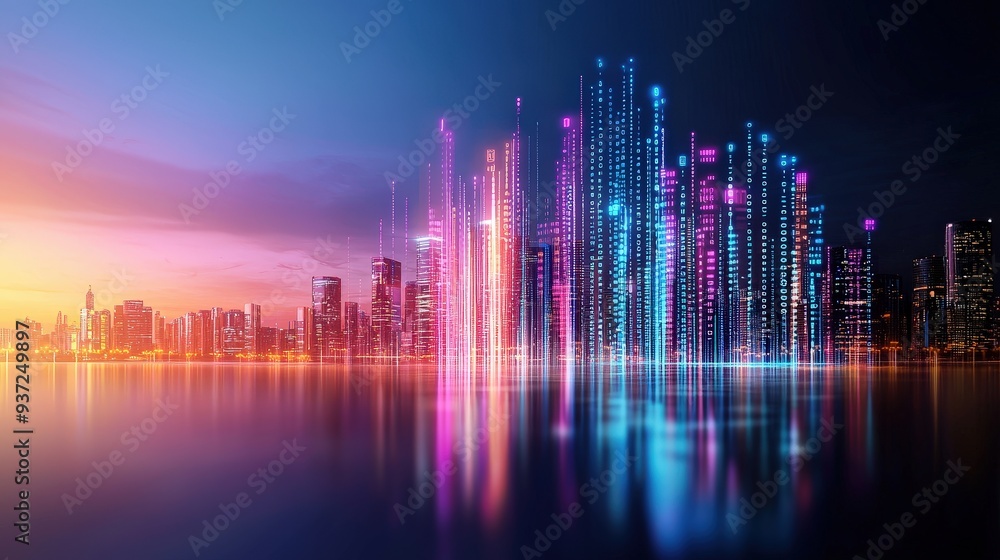 Poster bold colorful poster with a city skyline made up of lines of code representing the infrastructure of