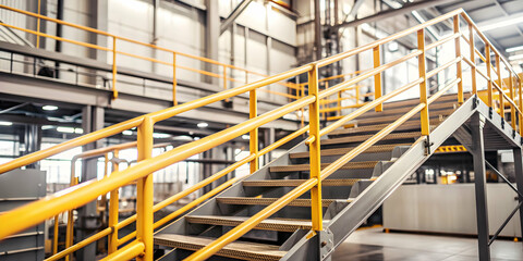 Photo Realistic as Safety rail and factory staircase concept as A safety rail paired with a factory staircase symbolizing the importance of secure handrails in industrial settings perfect for isolated
