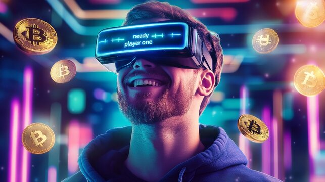 Crypto Gamer in the Metaverse: A young man, illuminated by neon lights, grins in delight as he navigates the metaverse with VR goggles, surrounded by shimmering Bitcoin symbols, embodying the thrill o - Powered by Adobe