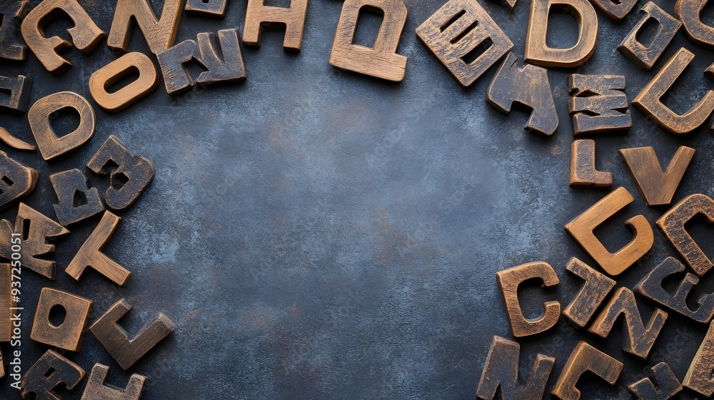 Poster overhead view of scattered typography letters and characters arranged on a plain minimalist backgrou